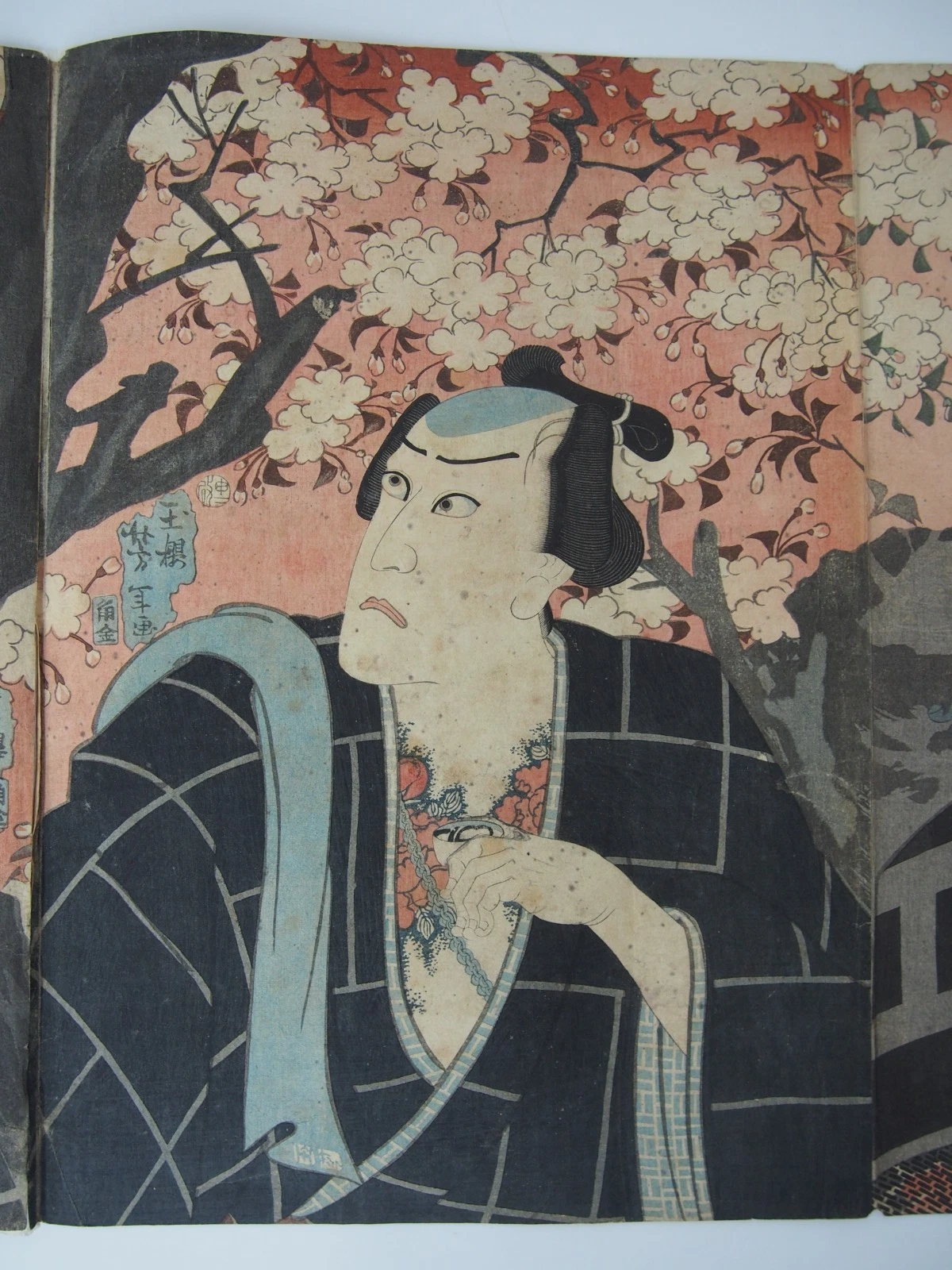 Yoshitoshi Woodblock Print Triptych: Tattoo! Model of Courage, Flowers 1860