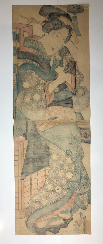 Eisen Woodblock Print Vertical Diptych: Standing Beauty & Hand mirror ca. 1840