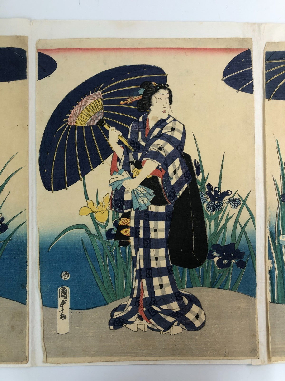 Kunisada Woodblock Print Quintuplet: Iris Benkei set 1866 Bijin-ga Ukiyo-e