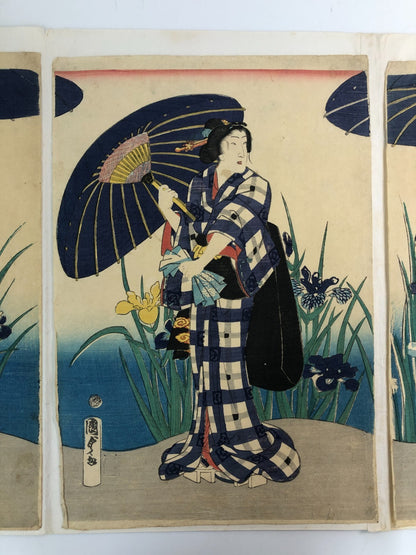 Kunisada Woodblock Print Quintuplet: Iris Benkei set 1866 Bijin-ga Ukiyo-e