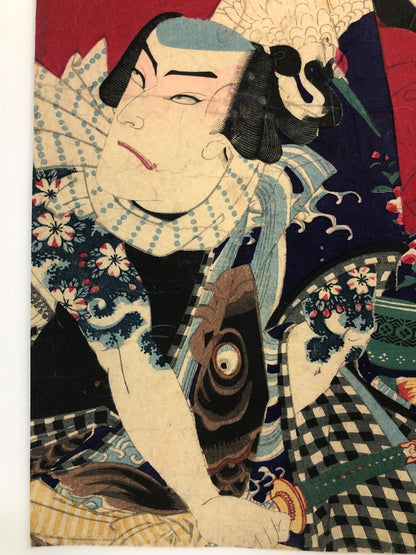 Chikashige Woodblock Print triptych:Tenpo Suikoden Tattoo Meiji era Kabuki actor