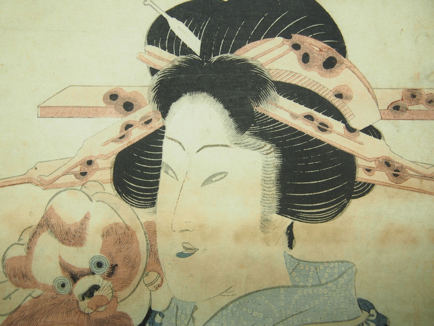 Kunimaru Woodblock Print Vertical Diptych: Beauty Holding a Dog, Edo Period