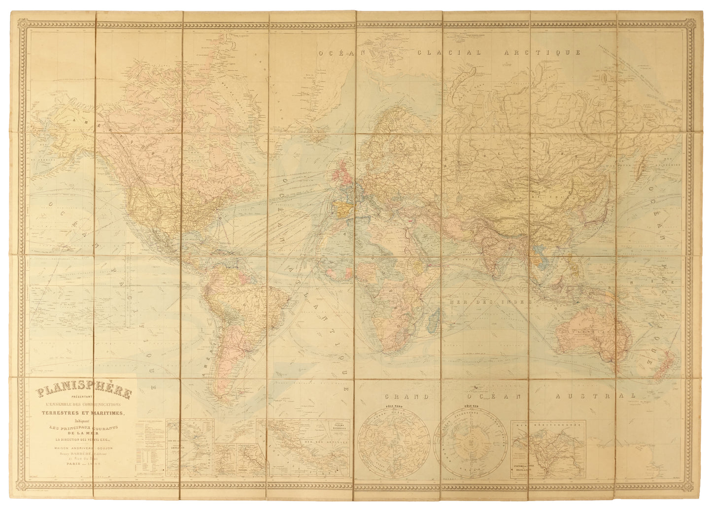 French-Language World Map Hand-colored