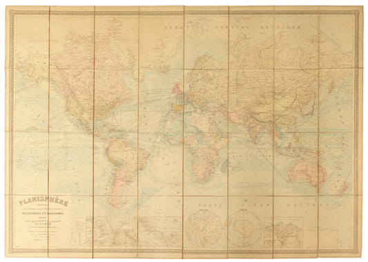 French-Language World Map Hand-colored