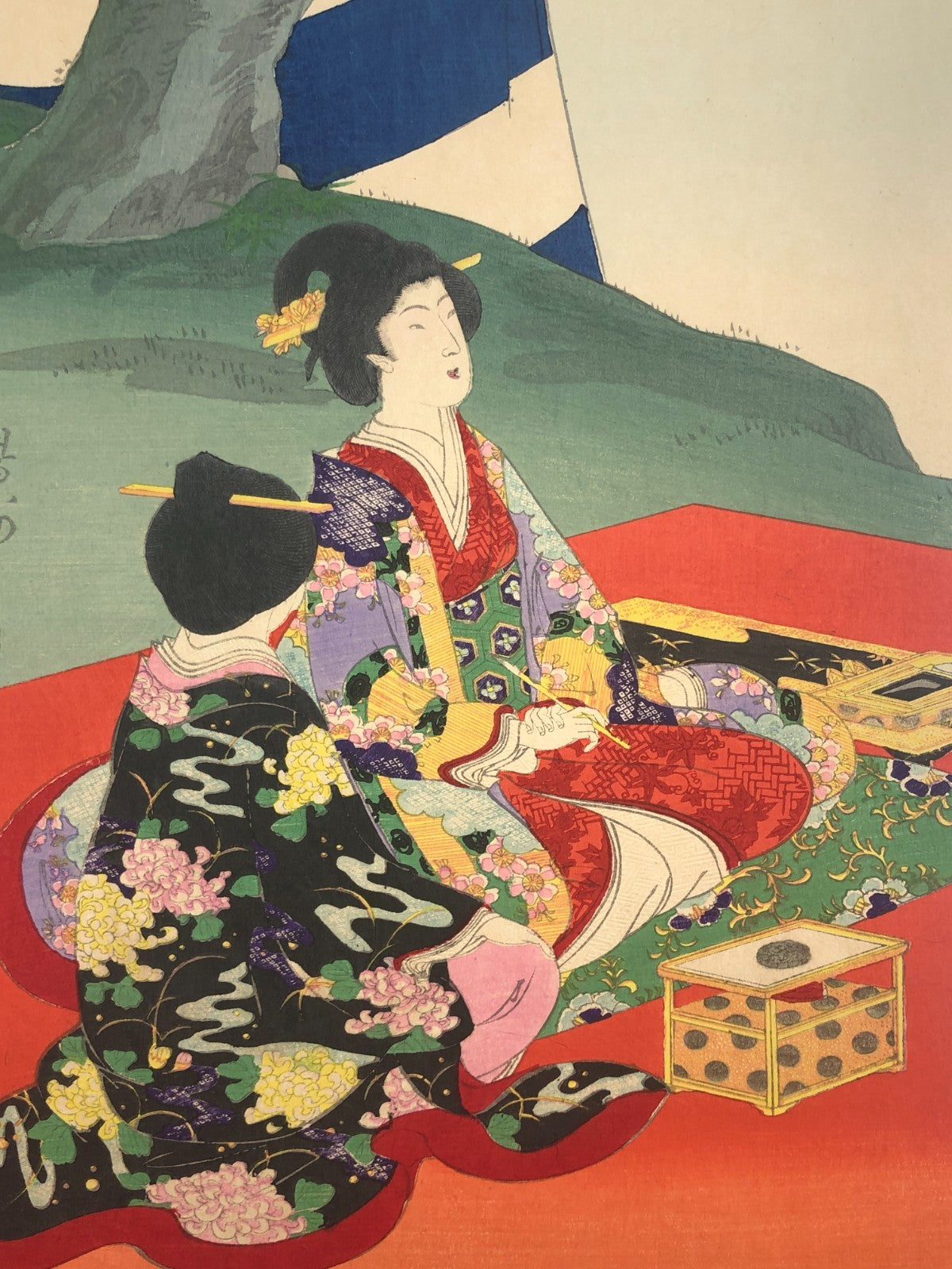 Chikanobu Woodblock Print Triptych: Noblewomen Viewing Cherry Blossoms Ukiyo-e
