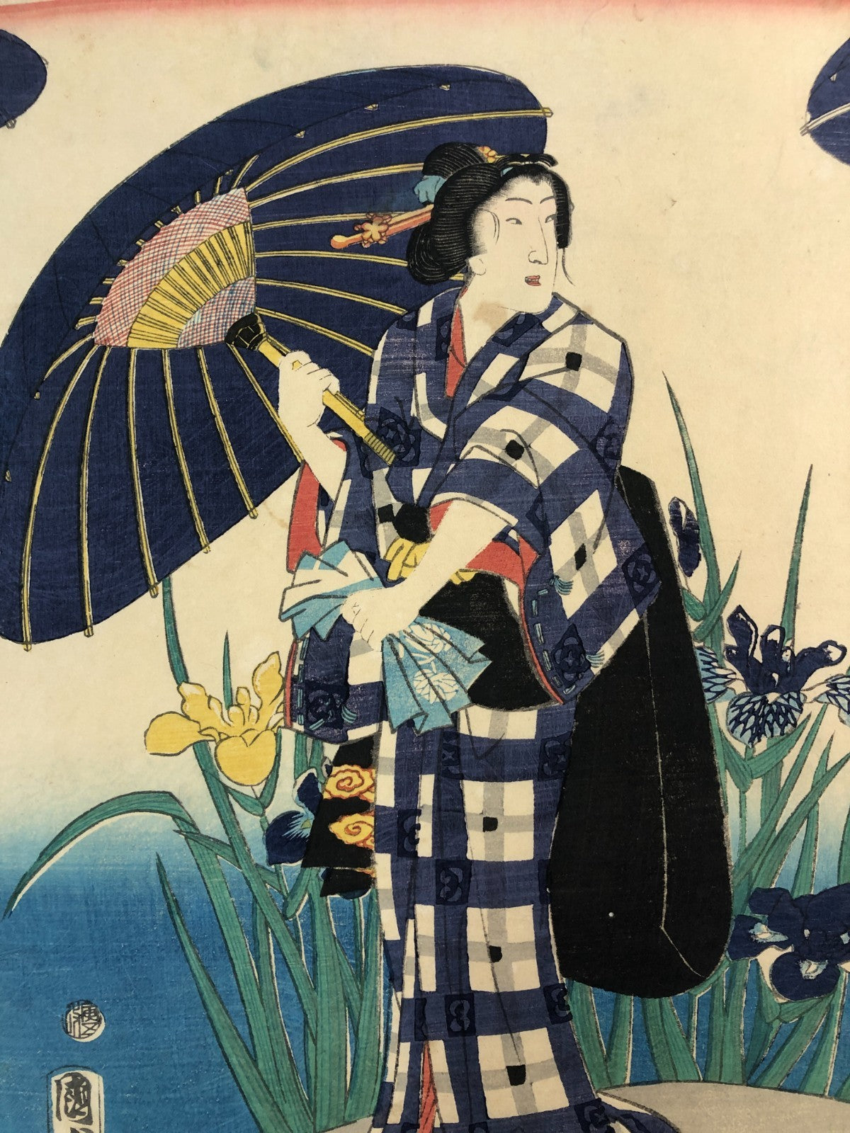 Kunisada Woodblock Print Quintuplet: Iris Benkei set 1866 Bijin-ga Ukiyo-e