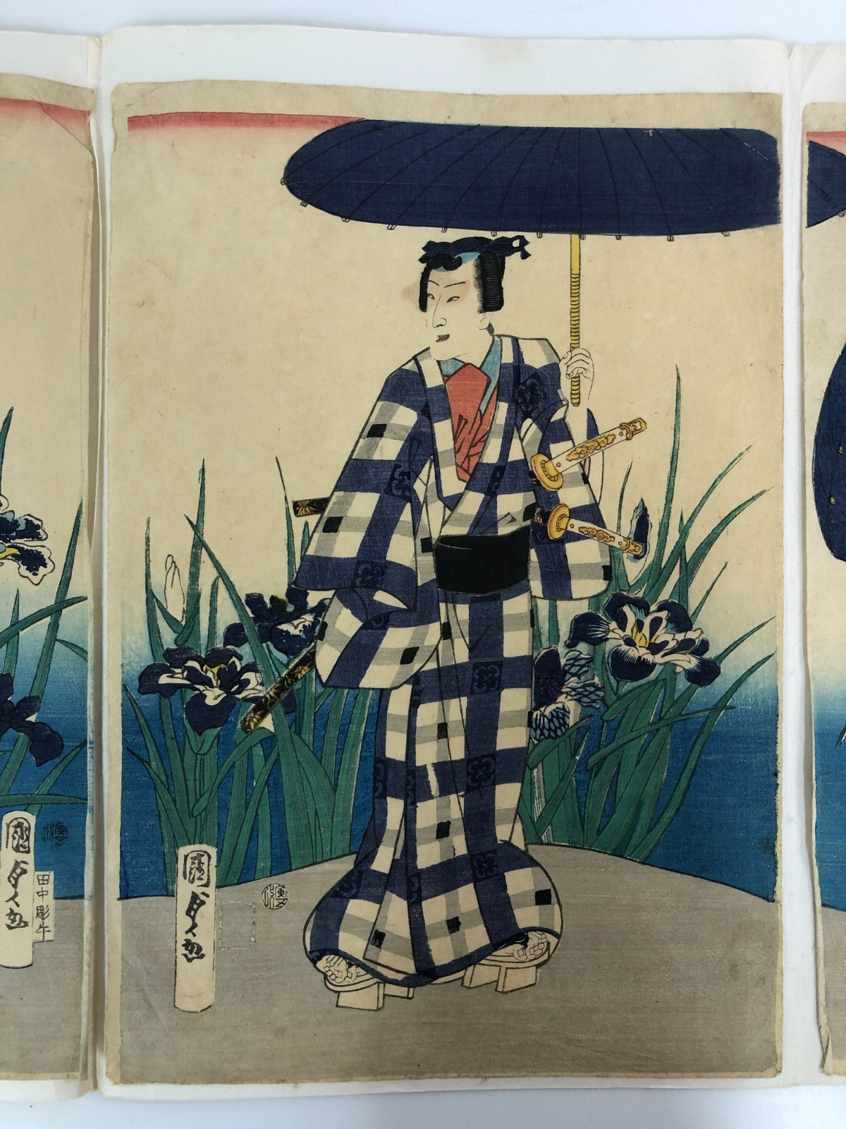 Kunisada Woodblock Print Quintuplet: Iris Benkei set 1866 Bijin-ga Ukiyo-e