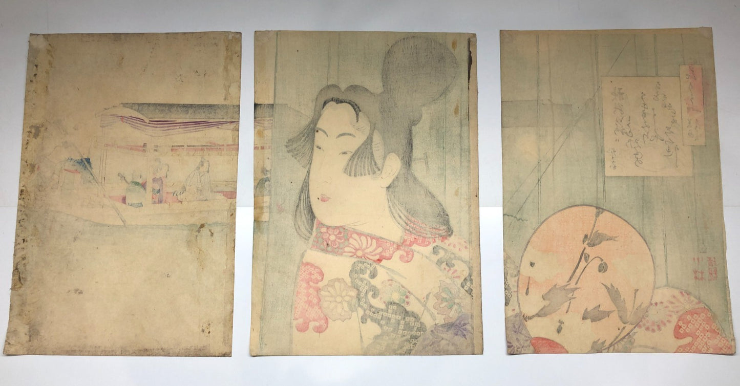 Kiyochika Woodblock Print Triptych: Beauty at the time of Jōō and Manji era 1896