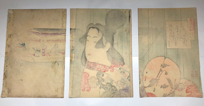 Kiyochika Woodblock Print Triptych: Beauty at the time of Jōō and Manji era 1896
