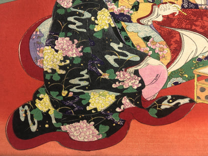 Chikanobu Woodblock Print Triptych: Noblewomen Viewing Cherry Blossoms Ukiyo-e